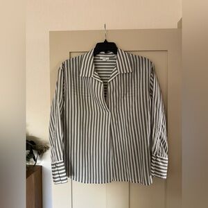 Vince Green White Stripe L V Neck Collared Long Sleeve Shirt